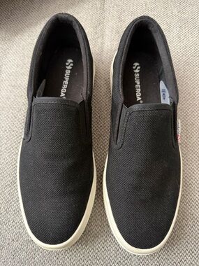 Superga Black Canvas Slip-On Loafers with White Sole